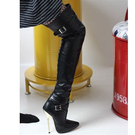 metal 5 14 high heel thigh high buckle boots trans t girl fetish uk3 12 eu36 46 ebay