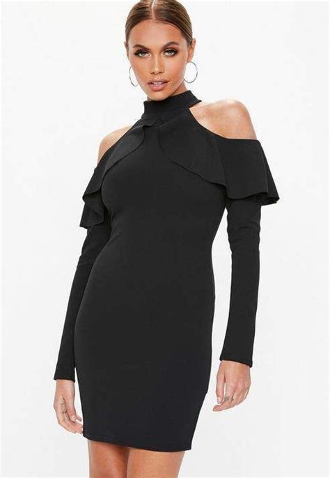 Black Frill Cold Shoulder Long Sleeve Mini Dress Vestidos Largos