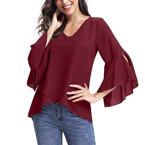 simple female bell sleeve solid chiffon tunic tops blouse summer women v neck blouse shirt plus