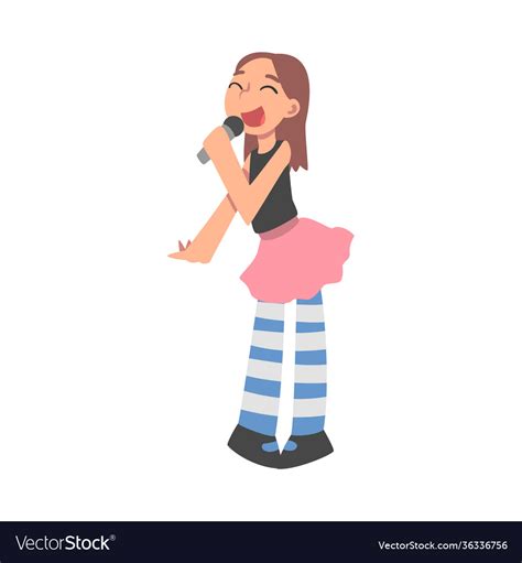 Cute Funny Girl Singing With Microphone Cartoon Vector Image