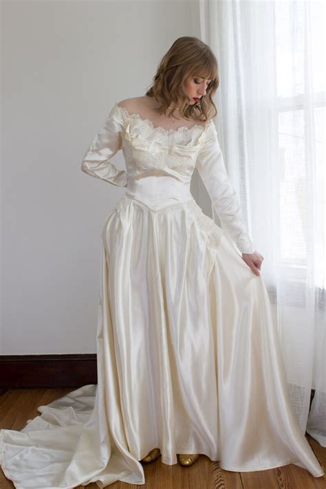 1950s Priscilla Of Boston Satin Wedding Gown Illusion Etsy