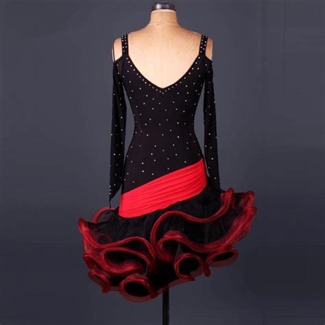 Red And Black Latin Dance Costume Spandex Tassel Stones Latin Dance Dress For Women Salsa Cha