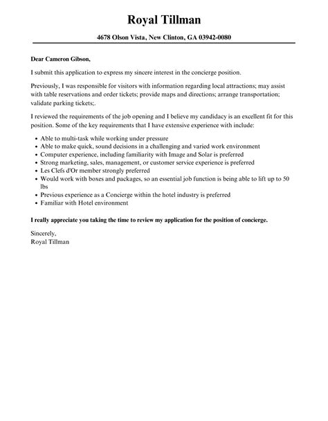 Concierge Cover Letter Velvet Jobs