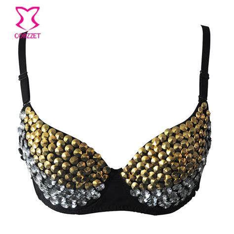 White Crystal Gem Beads Gold Rivets Punk Rock Sexy Bralette Bras For Women Push Up Bra Top