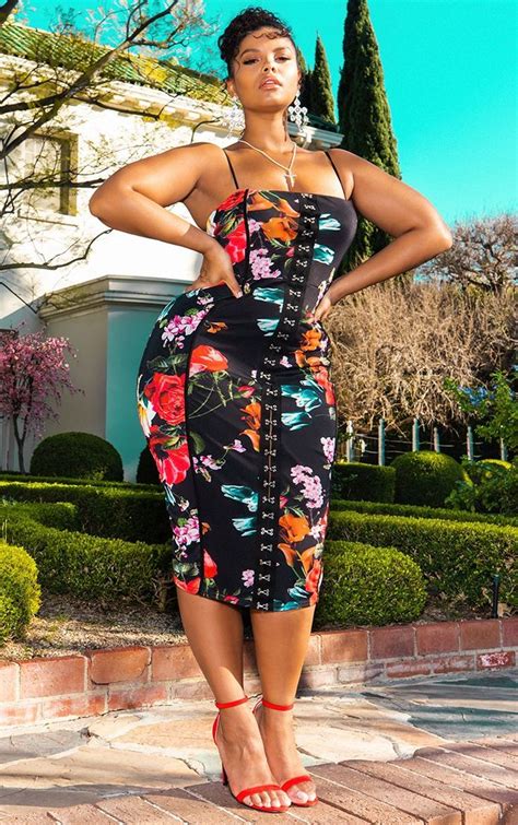 Black Floral Print Strappy Piped Detail Midi Dress Fashion Curvy