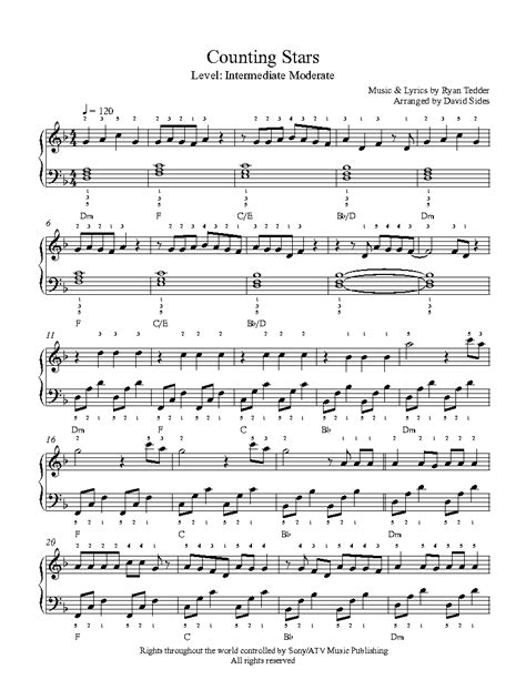 Counting Stars By One Republic Piano Sheet Music Intermediate Level