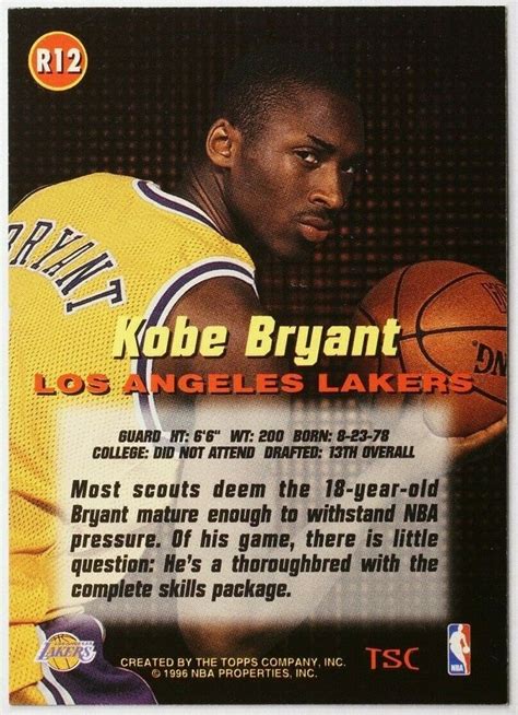 Check out our kobe bryant card selection for the very best in unique or custom, handmade pieces from our sports collectibles shops. 1996-97 KOBE BRYANT TOPPS STADIUM CLUB #R12 RARE ROOKIE CARD RC INSERT MINT (DR) - Basketball Cards