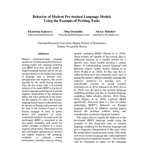 Behavior Of Modern Pre Trained Language Models Using The Example Of Probing Tasks Acl Anthology