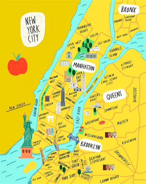Illustrated Map Of Nyc New York City 8x10 Etsy
