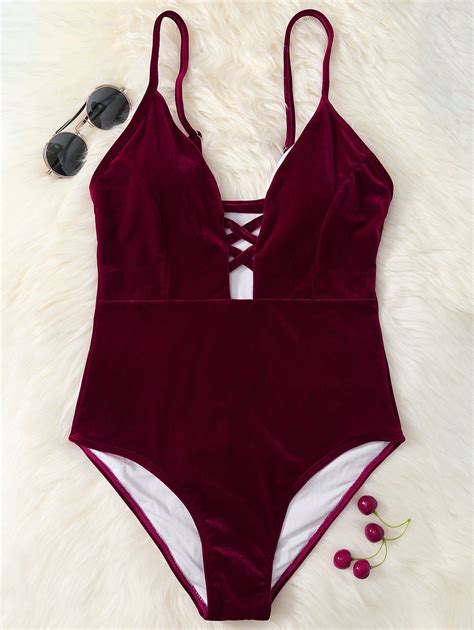 17 Off 2021 Velvet Lace Up One Piece Swimsuit In Wine Red Dresslily