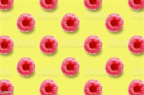Vivid Fruit Pattern Of Fresh Raspberry On Colourful Background Stock