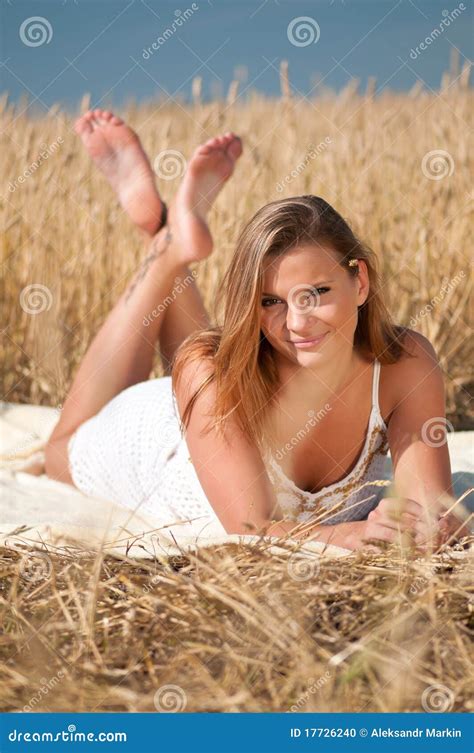 Beautiful Woman Posing In Wheat Field Picnic Stock Photo Image Of