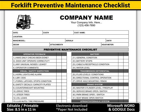Electric Forklift Preventive Maintenance Checklist Printable Forklift