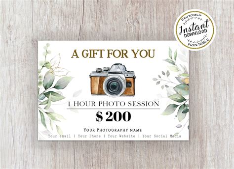 Photography Gift Certificate Template Editable Photography Gift Card