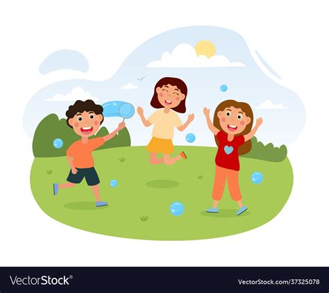 Kids Playing In Park Summer And Blowing Bubbles Vector Image