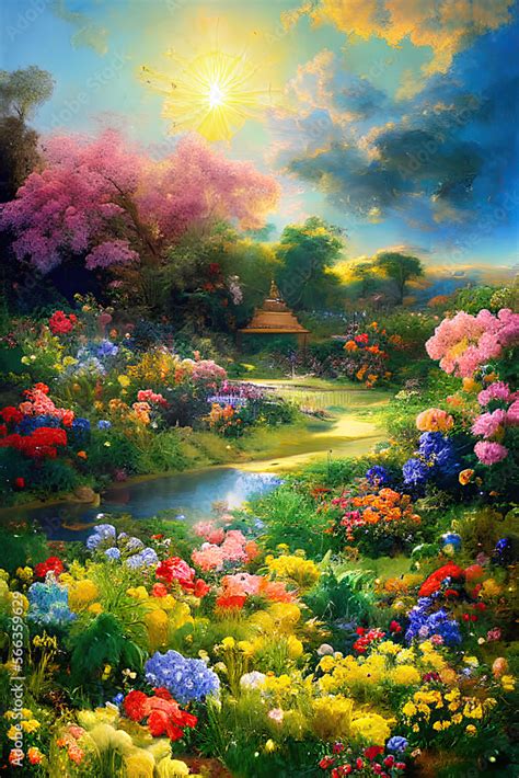 Paradise Garden Full Of Flowers Beautiful Idyllic Background With Many