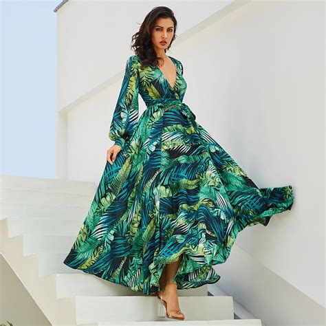 Vestidos Maxi Dress Vintage Long Sleeve Beach Dress Tropical Pluse Size