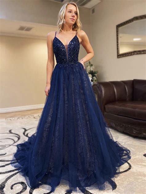 Gorgeous Deep V Neck Sequins Backless Navy Blue Lace Long Prom Dresses