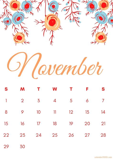 Free Download November 2020 Floral Calendar Layout Design Template