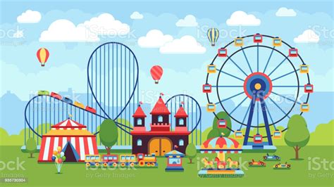 Información, noticias, renta, ventay cotizaciones para tus eventos en la. Cartoon Amusement Park With Circus Carousels And Roller Coaster Vector Illustration Stock ...