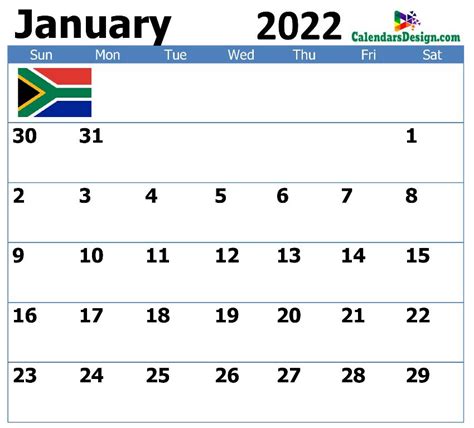 January 2022 Calendar South Africa