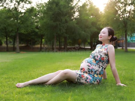 Asian Pregnant Woman In Chinese Traditional Cheongsam Chi Pao Sit On Grass Lawn In Nature