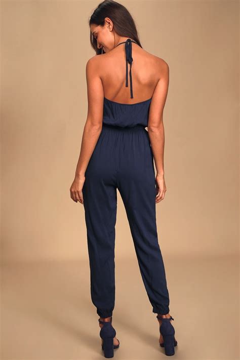 Cute Navy Blue Jumpsuit Surplice Jumpsuit Halter Jumpsuit Lulus