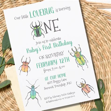 pretty watercolor beetles decorated in hearts make this lovebug invitation sweet and unique