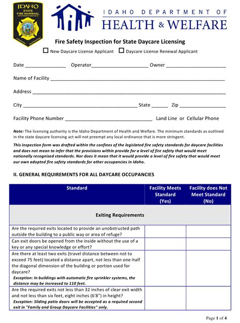 Idaho Fire Safety Inspection For State Daycare Licensing Fill Out