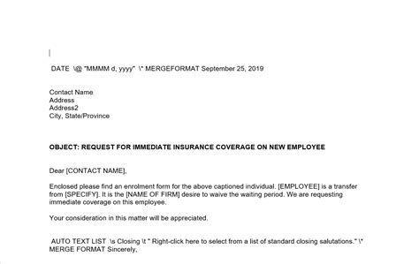 Employee Insurance Coverage Letter