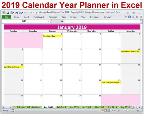2019 Calendar Year Planner Excel Template 2019 Monthly