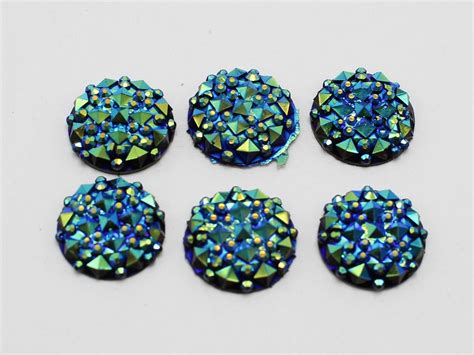 100 Deep Blue Flatback Resin Round Cabochon Gems Pyramid Dotted