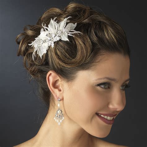 Silver Ivory Fabric And Rhinestone Side Combs Elegant Bridal Hair