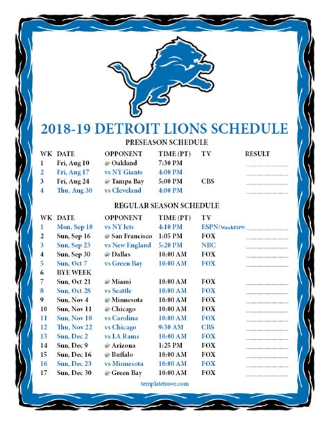 printable   detroit lions schedule