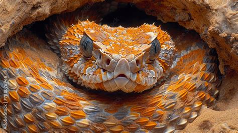 An Intimate Portrayal Of A Saharan Horned Viper Coiled In The Sand