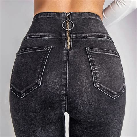 Women Slim Elastic Jeans Back Zipper High Waist Sexy Pencil Pants Classic Runway Strech Skinny