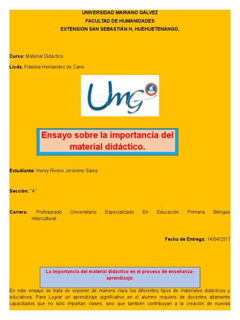 Ensayo De La Importancia Del Material Didactico En El Proceso De