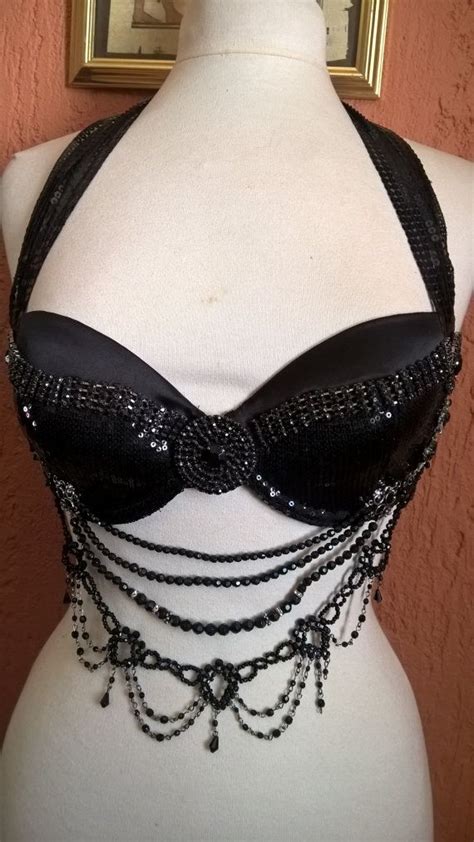 Black Tribal Fusion Burlesque Bra With Beads By Draconisdesigns Burlesque Bra Belly Dance