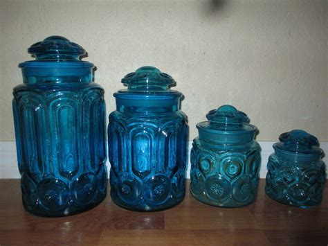 Vintage L E Smith Glass Moon And Star Blue 4 Canister Set W Lids Ebay Blue Canister Blue