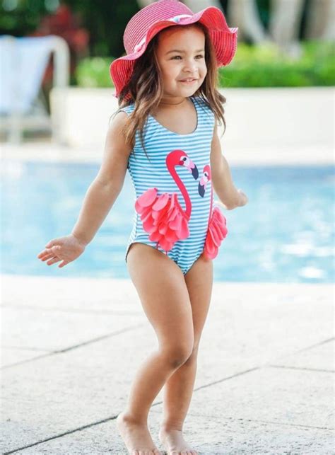 Mia Belle Girls Flamingo Ruffled Wings Striped One Piece Swimsuit