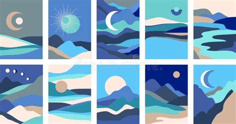 Set Of Abstract Contemporary Landscape Posters In Boho Style Mountain