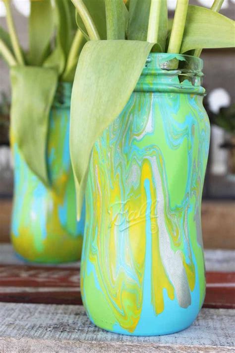 Diy pouring medium for acrylic pouring and fluid painting. Acrylic Pouring on Mason Jars | Painted glass bottles ...