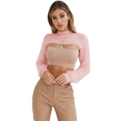 Women Sweater Cropped Pullover Crop Top Sexy Solid Pink Sweater Long Sleeve O Neck Girl 2018 New