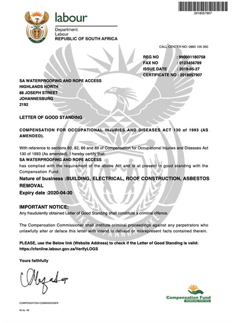 Letter Of Good Standing 2020 SA Waterproofing