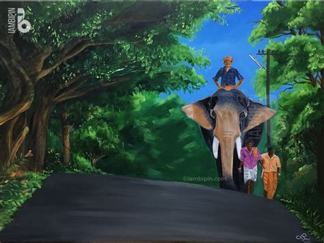 Elephant And Mahouts Of Kerala Acrylic Painting On Canvas By Bipin On