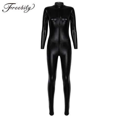 sexy black female faux leather catsuit pvc latex bodysuit front zipper open crotch stretch