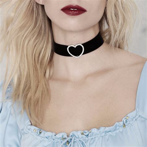 Gothic Black Wide Velvet Choker Necklace Cute Love Heart Crystal