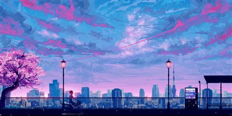 Please contact us if you want to publish an aesthetic anime desktop wallpaper on our site. silhouette of steel ridge wallpaper, blue and pink sky painting #illustration #city #anime # ...