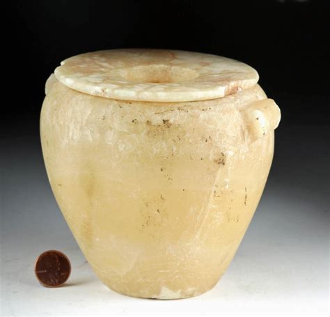 Egyptian Late Dynastic Banded Alabaster Jar W Lid