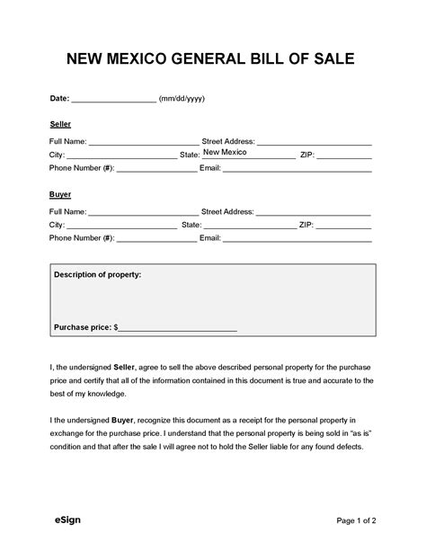 Free New Mexico Bill Of Sale Forms Pdf